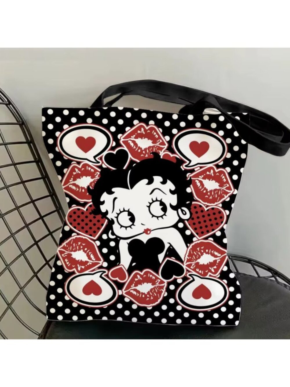 Betty Boop Polka Dot Canvas Tote Bag Retro Hearts Kiss Print Shoulder Bag